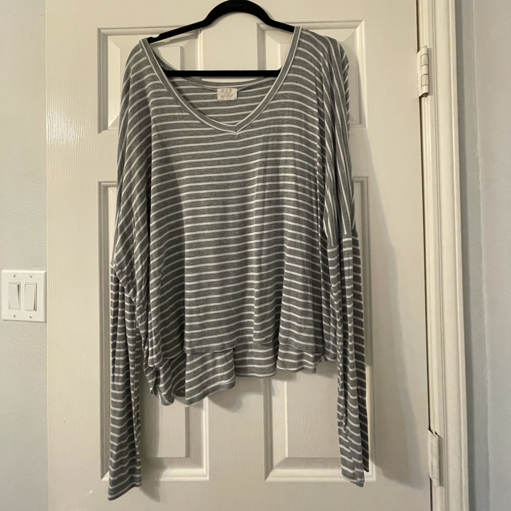 White and Grey V Neck Long Sleeve Shirt